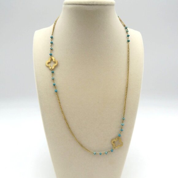Station Necklace 17" Turquoise Beads Clover Charms Gold Tone Handmade In India - Picture 1 of 6
